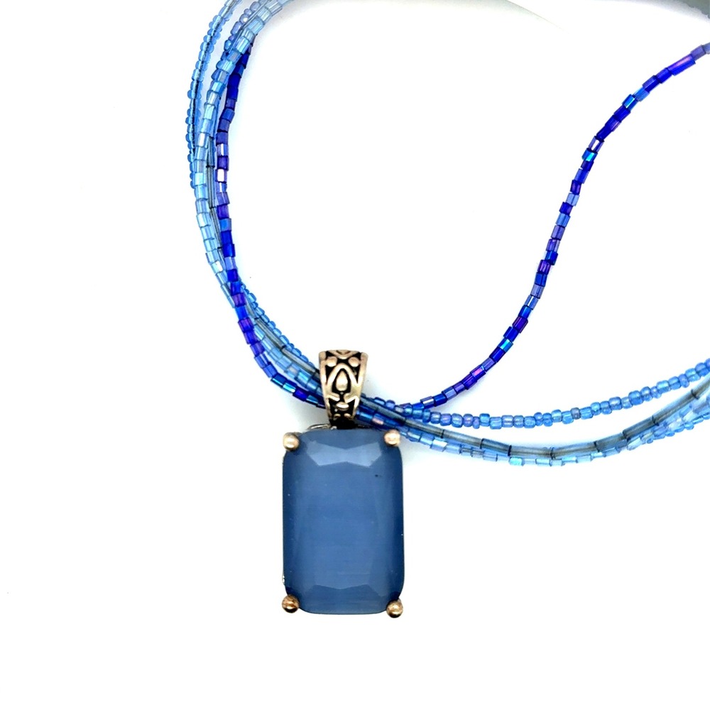 Blue Multi Strand Seed Bead Necklace Silver Tone Rectangular Faceted Pendant